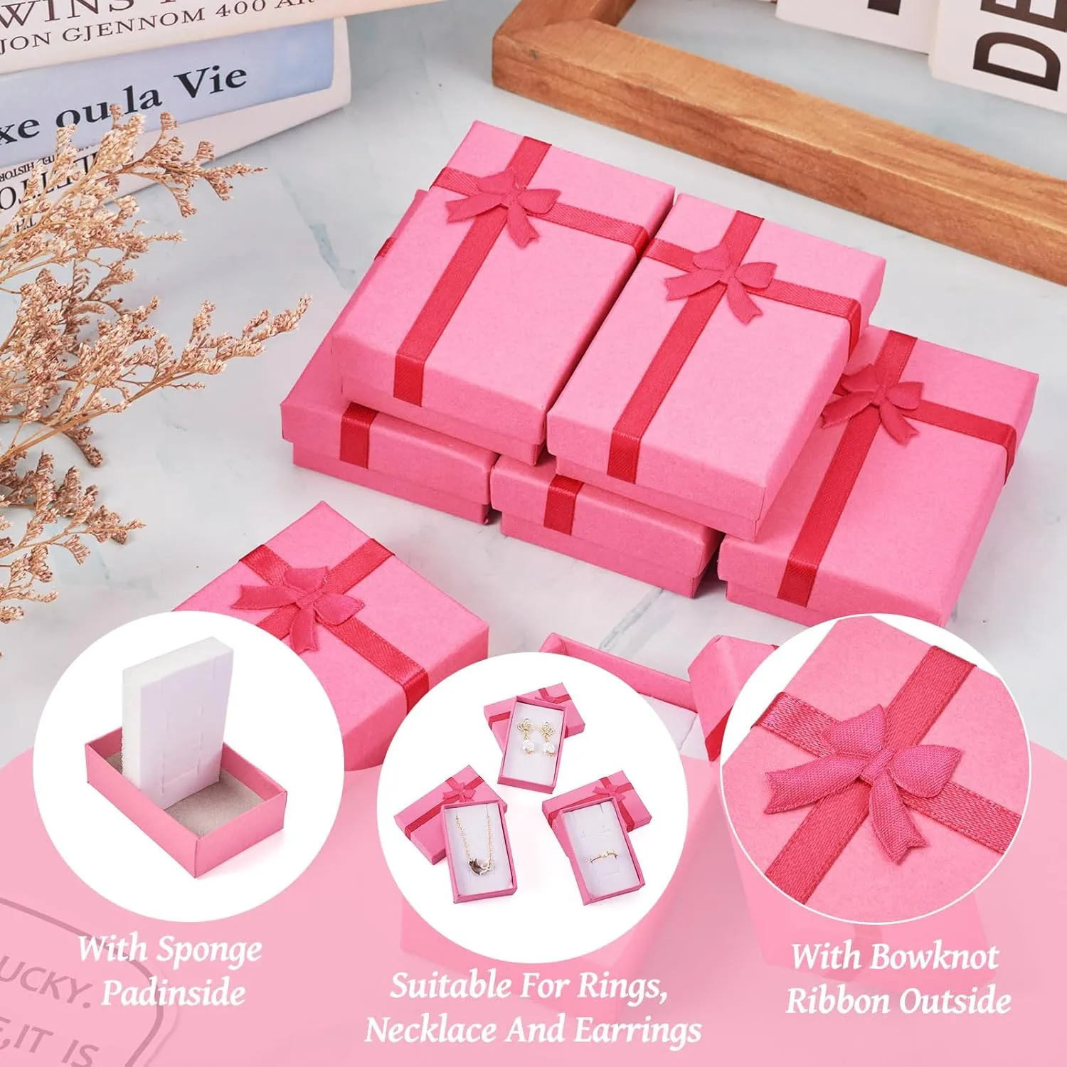 Craftdady 12pcs Pink Jewelry Gift Boxes Necklace Earring Finger Ring Cute Jewelry Boxes Small Gift Boxes With Lids Bowknot for Valentines Day Jewelry Display Holder Organizer