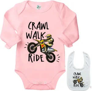 Crawl Walk Ride -Cute Motorcycle Shirt Newborn Baby Bodysuit Outfit Onesie & Bib