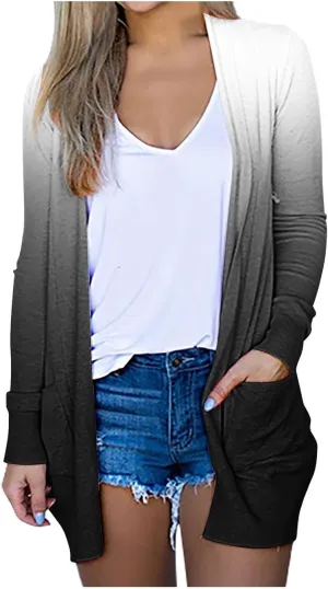 Cropped Cardigan for Women 2024 Loose Open Front Winter Coats Gradient Long Sleeve Cardigans with Pockets