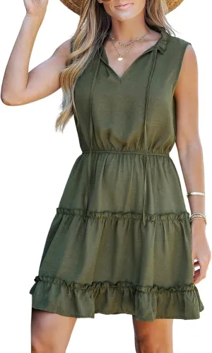 CUPSHE Women's Mini Dress Tiered Ruffled Tie Neck Mini Dress Summer Dress Sleeveless A Line Dress Sage Green