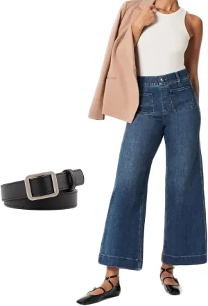 Curvachic Jeans, Tummy Control Cropped Wide-Leg Jeans High Waist Straight Ailor Pants Black Trousers for Women