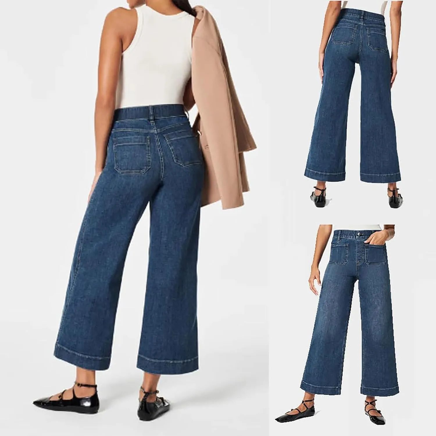 Curvachic Jeans, Tummy Control Cropped Wide-Leg Jeans High Waist Straight Ailor Pants Black Trousers for Women