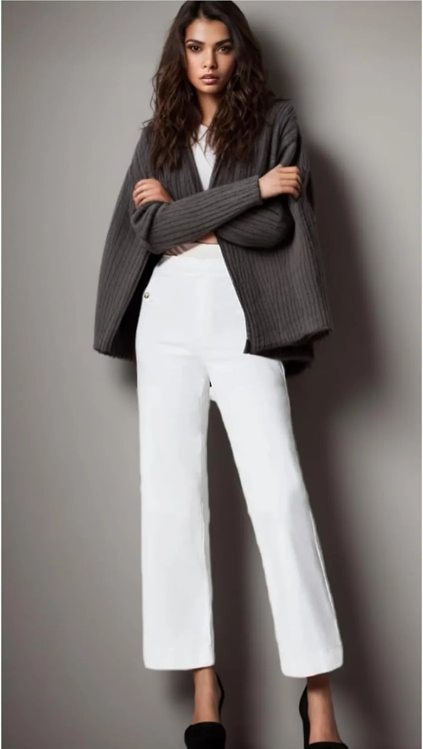 Curvachic Jeans, Tummy Control Cropped Wide-Leg Jeans High Waist Straight Ailor Pants Black Trousers for Women