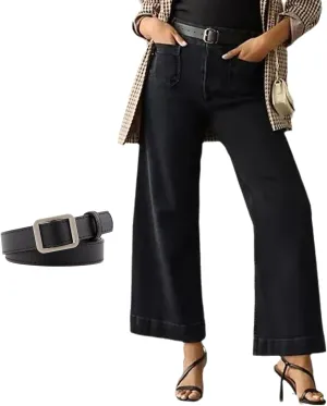 Curvachic Jeans, Tummy Control Cropped Wide-Leg Jeans High Waist Straight Ailor Pants Black Trousers for Women
