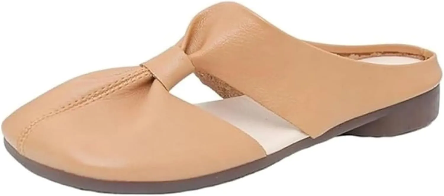 Cut Out Design Flat Mules Lightweight Round Toe Mules Comfortable Soft Sole Knot Sandals Non-Slip Backless Sandal Wear-Resistant and Non-Slip Slippers Beach Vacation Shoes
