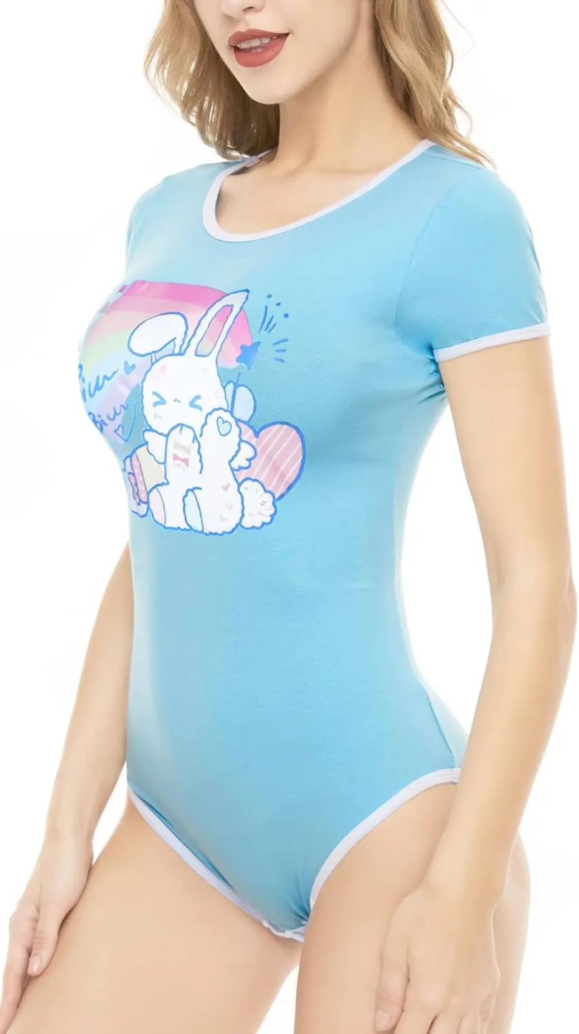 CutiePlusU Cotton Button Crotch Bodysuits Adult Romper Basics Onesie Print