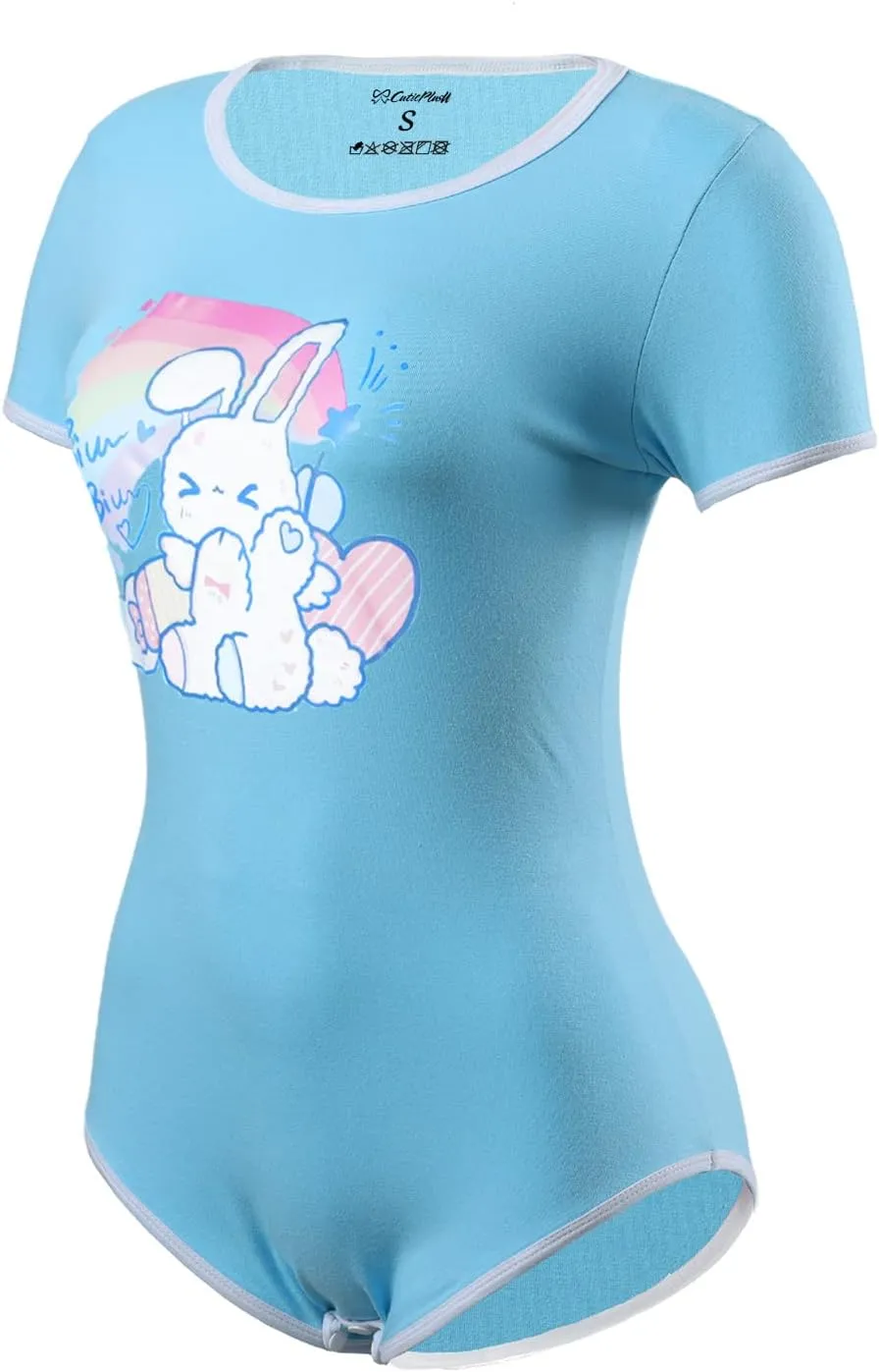 CutiePlusU Cotton Button Crotch Bodysuits Adult Romper Basics Onesie Print
