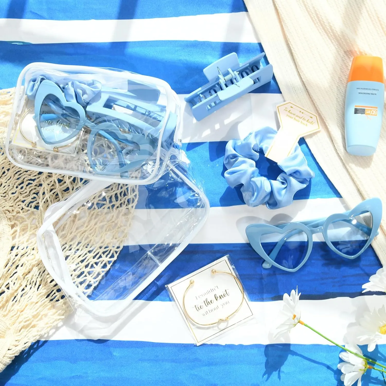 DEEKA 5 Pcs Bridesmaid Proposal Bag Set Gift Clear Makeup Toiletry Bag Bachelorette Party Favors Sunglasses Hair Claw Clips Scrunchies Knot Bracelets Bridal Wedding Party Gifts (Blue)