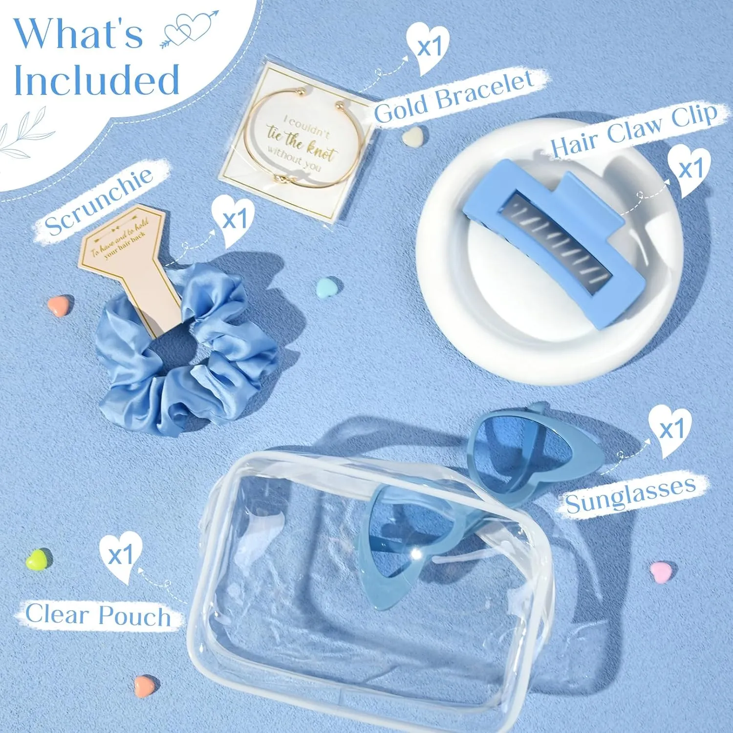 DEEKA 5 Pcs Bridesmaid Proposal Bag Set Gift Clear Makeup Toiletry Bag Bachelorette Party Favors Sunglasses Hair Claw Clips Scrunchies Knot Bracelets Bridal Wedding Party Gifts (Blue)