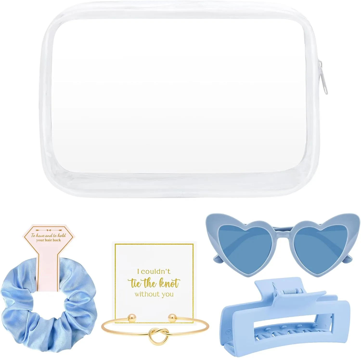 DEEKA 5 Pcs Bridesmaid Proposal Bag Set Gift Clear Makeup Toiletry Bag Bachelorette Party Favors Sunglasses Hair Claw Clips Scrunchies Knot Bracelets Bridal Wedding Party Gifts (Blue)
