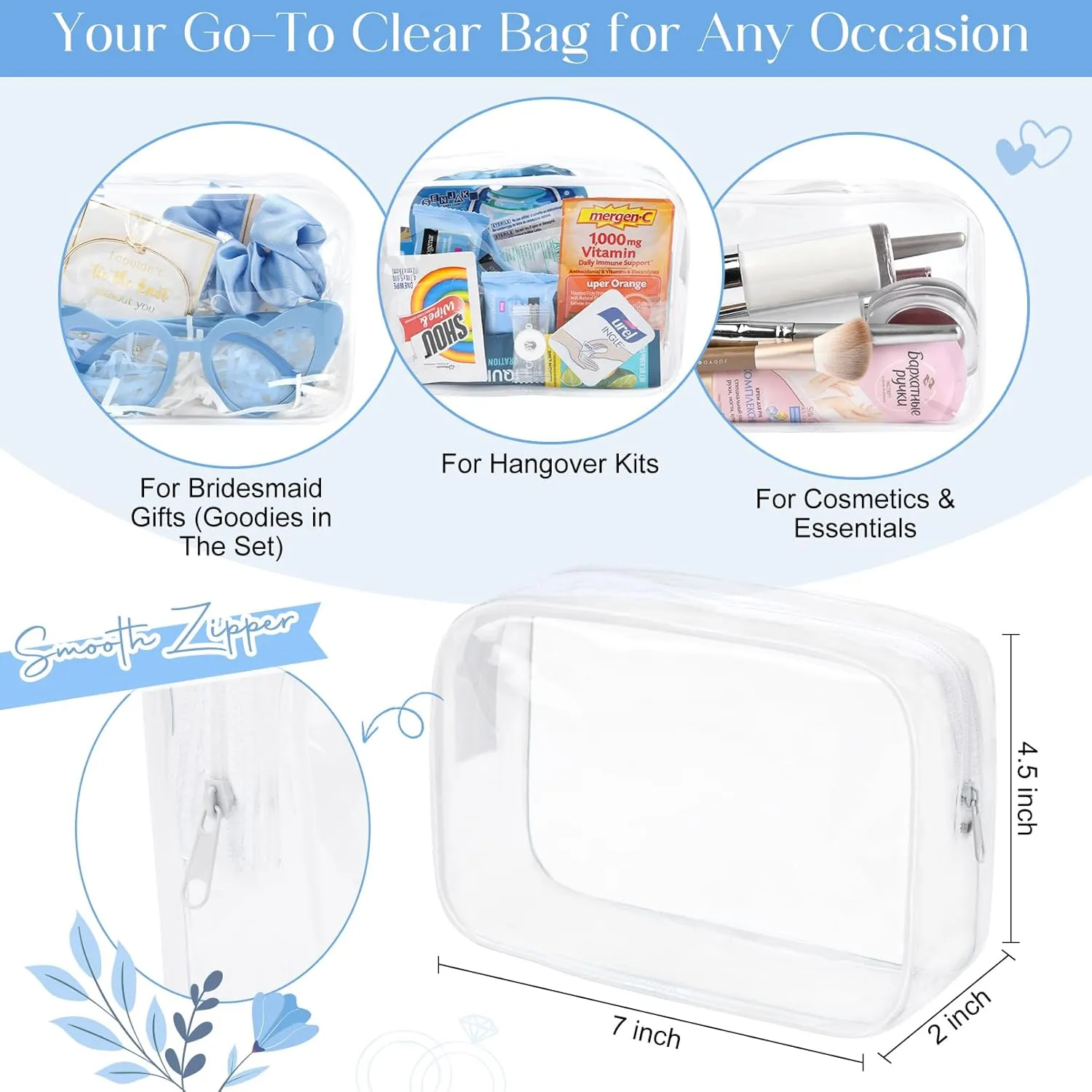 DEEKA 5 Pcs Bridesmaid Proposal Bag Set Gift Clear Makeup Toiletry Bag Bachelorette Party Favors Sunglasses Hair Claw Clips Scrunchies Knot Bracelets Bridal Wedding Party Gifts (Blue)