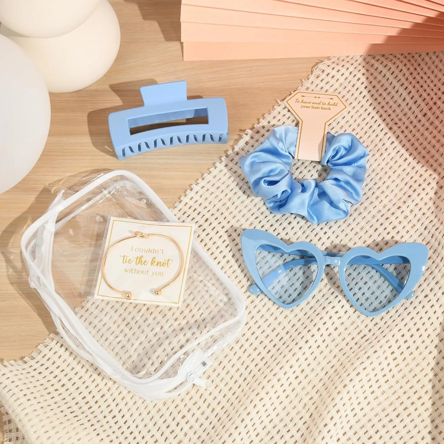DEEKA 5 Pcs Bridesmaid Proposal Bag Set Gift Clear Makeup Toiletry Bag Bachelorette Party Favors Sunglasses Hair Claw Clips Scrunchies Knot Bracelets Bridal Wedding Party Gifts (Blue)