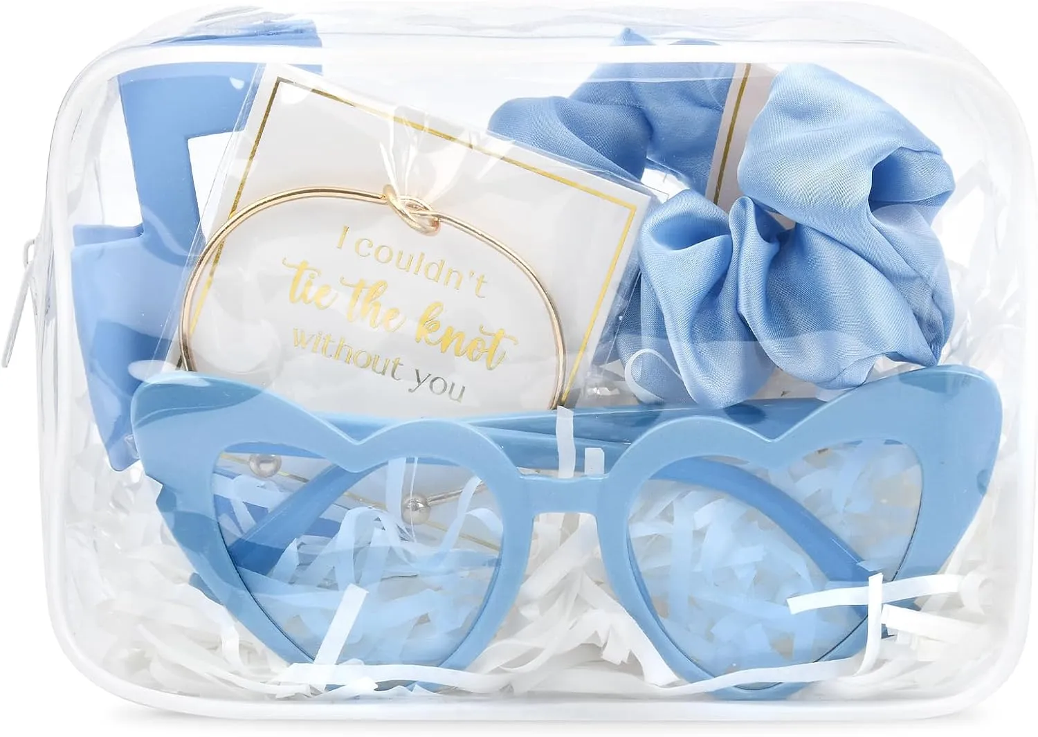 DEEKA 5 Pcs Bridesmaid Proposal Bag Set Gift Clear Makeup Toiletry Bag Bachelorette Party Favors Sunglasses Hair Claw Clips Scrunchies Knot Bracelets Bridal Wedding Party Gifts (Blue)