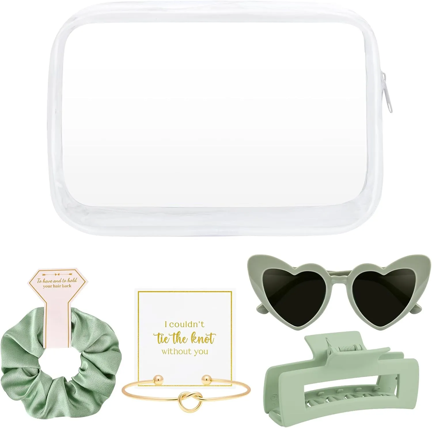 DEEKA 5 Pcs Bridesmaid Proposal Bag Set Gift Clear Makeup Toiletry Bag Bachelorette Party Favors Sunglasses Hair Claw Clips Scrunchies Knot Bracelets Bridal Wedding Party Gifts (Sage Green)