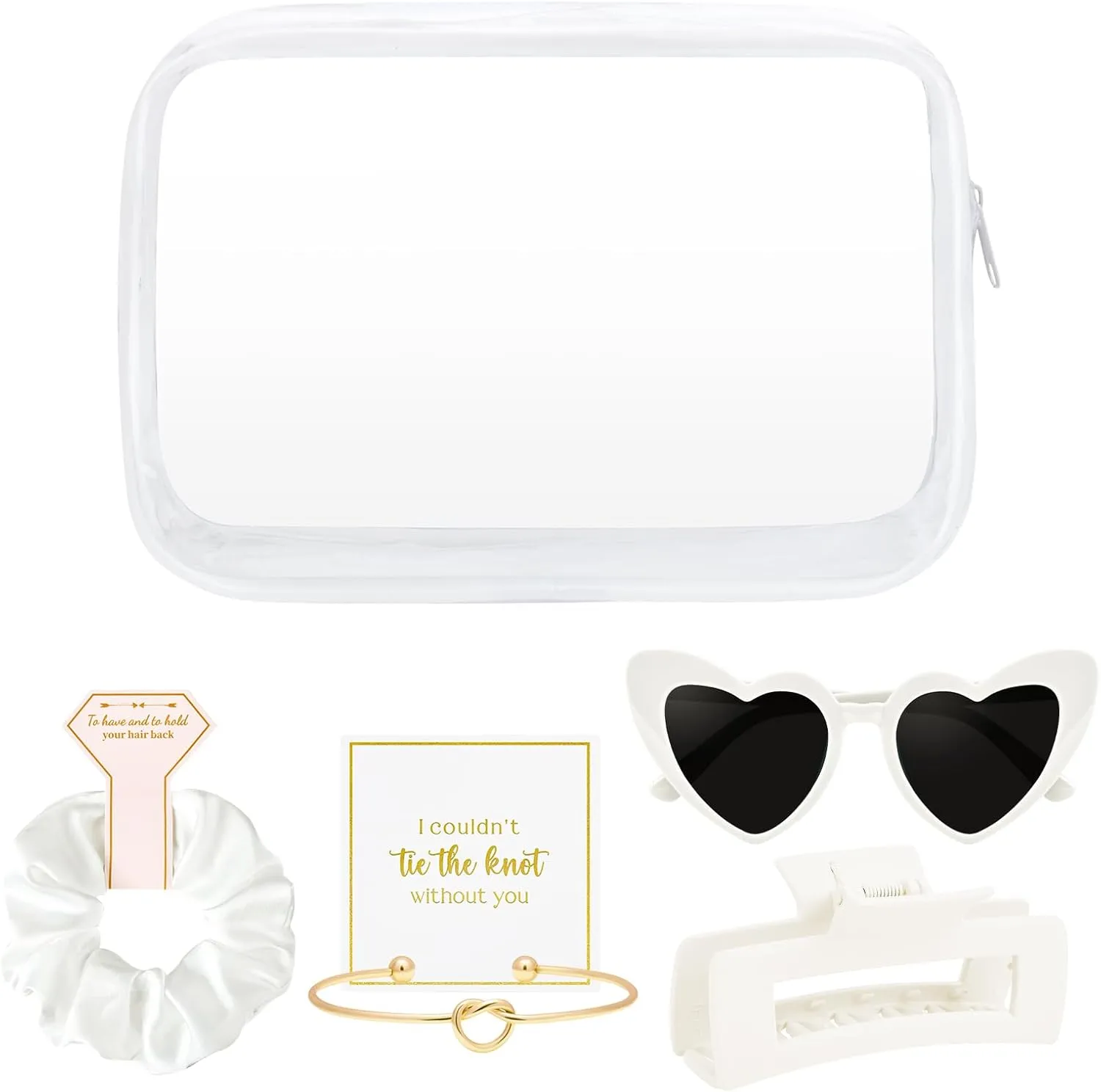 DEEKA 5 Pcs Bridesmaid Proposal Bag Set Gift Clear Makeup Toiletry Bag Bachelorette Party Favors Sunglasses Hair Claw Clips Scrunchies Knot Bracelets Bridal Wedding Party Gifts (White)