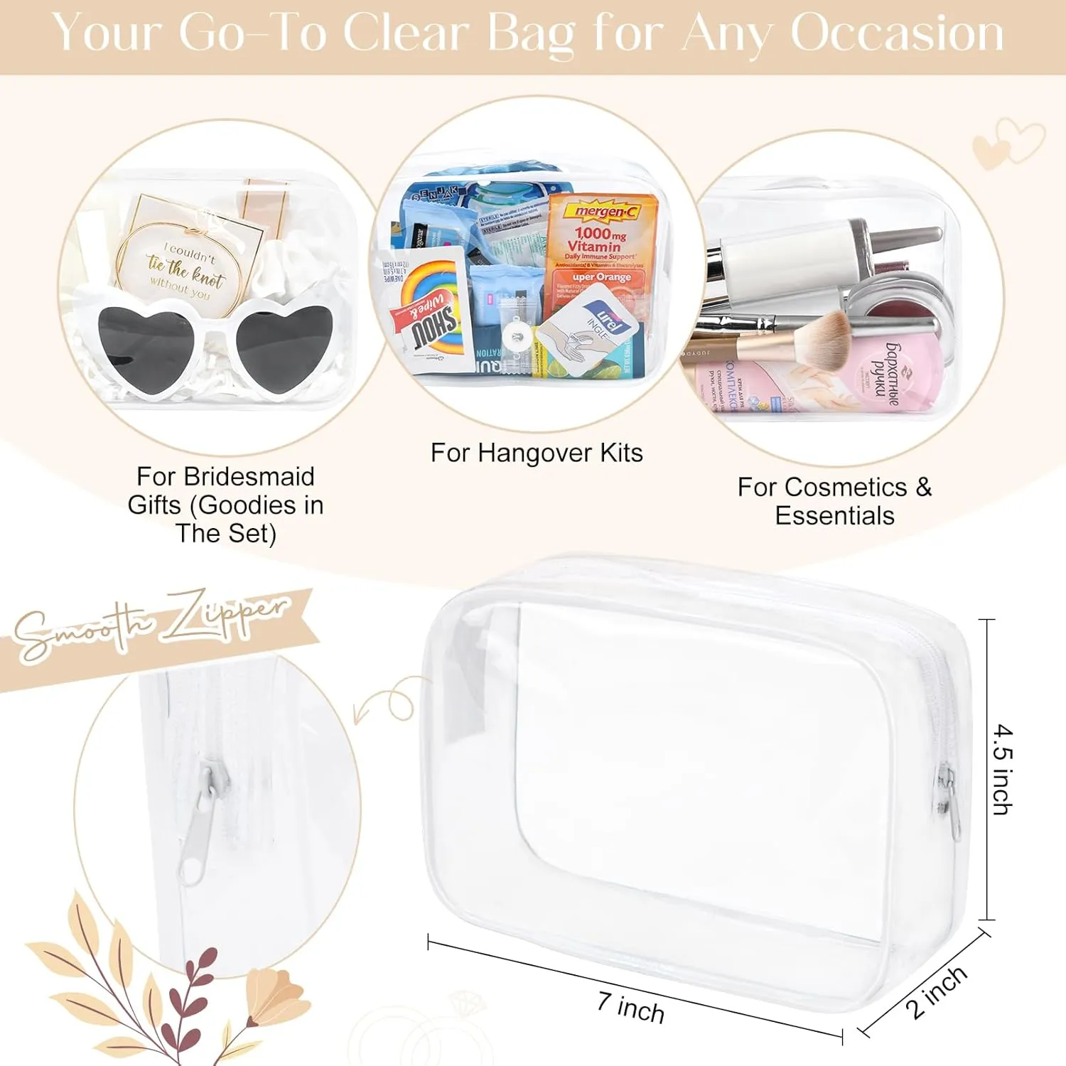 DEEKA 5 Pcs Bridesmaid Proposal Bag Set Gift Clear Makeup Toiletry Bag Bachelorette Party Favors Sunglasses Hair Claw Clips Scrunchies Knot Bracelets Bridal Wedding Party Gifts (White)