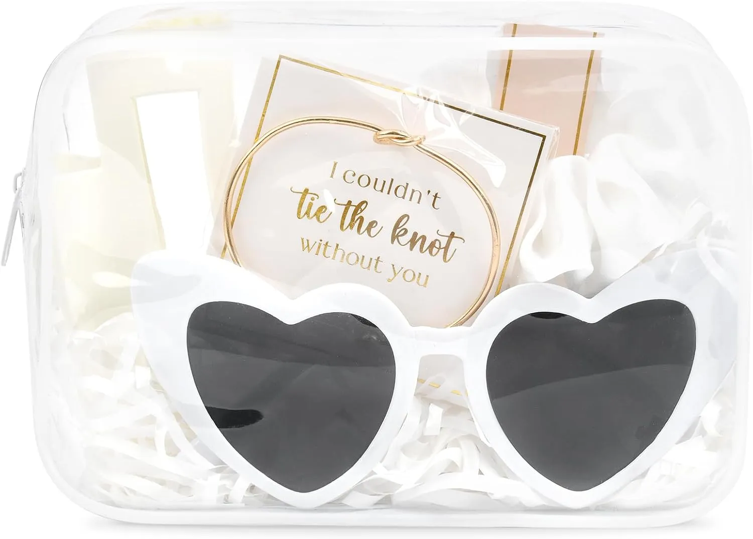 DEEKA 5 Pcs Bridesmaid Proposal Bag Set Gift Clear Makeup Toiletry Bag Bachelorette Party Favors Sunglasses Hair Claw Clips Scrunchies Knot Bracelets Bridal Wedding Party Gifts (White)