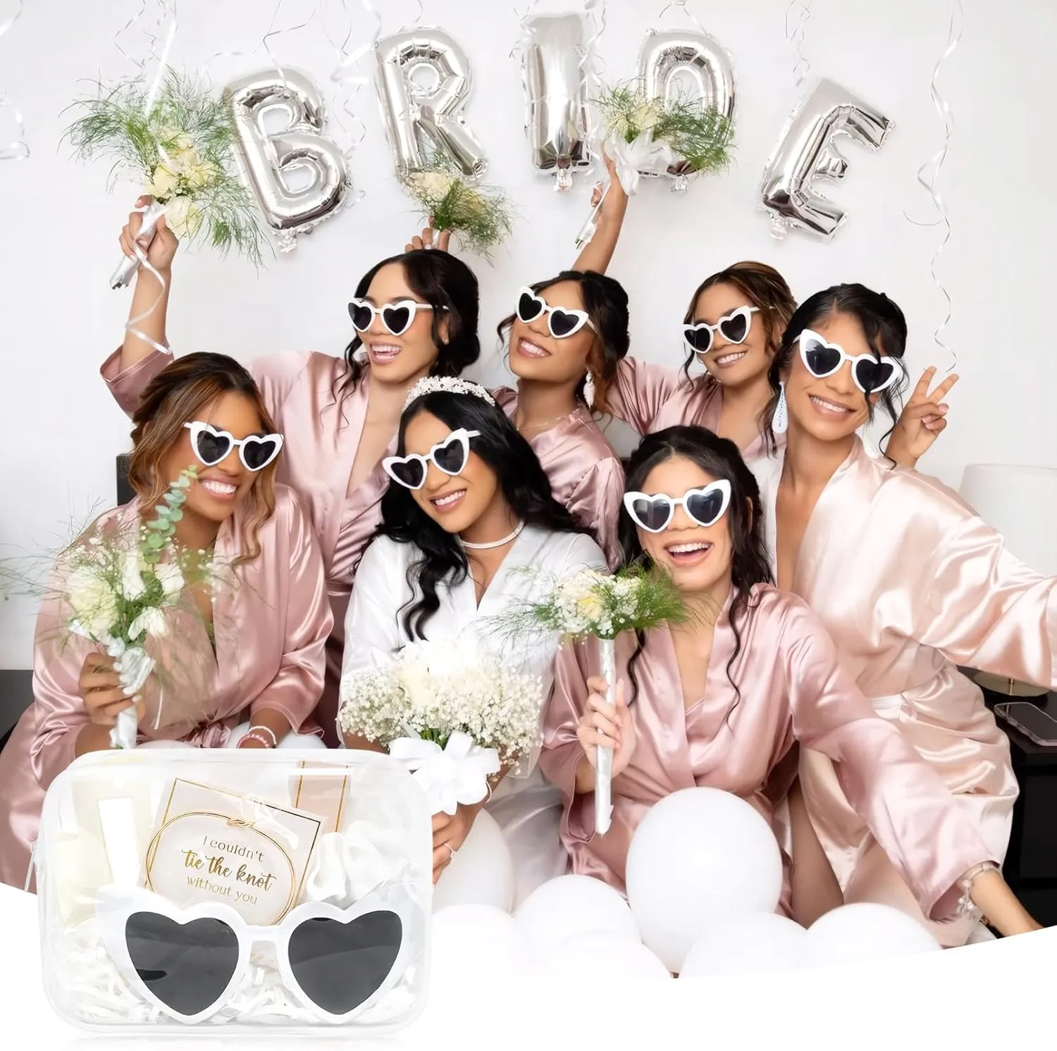 DEEKA 5 Pcs Bridesmaid Proposal Bag Set Gift Clear Makeup Toiletry Bag Bachelorette Party Favors Sunglasses Hair Claw Clips Scrunchies Knot Bracelets Bridal Wedding Party Gifts (White)