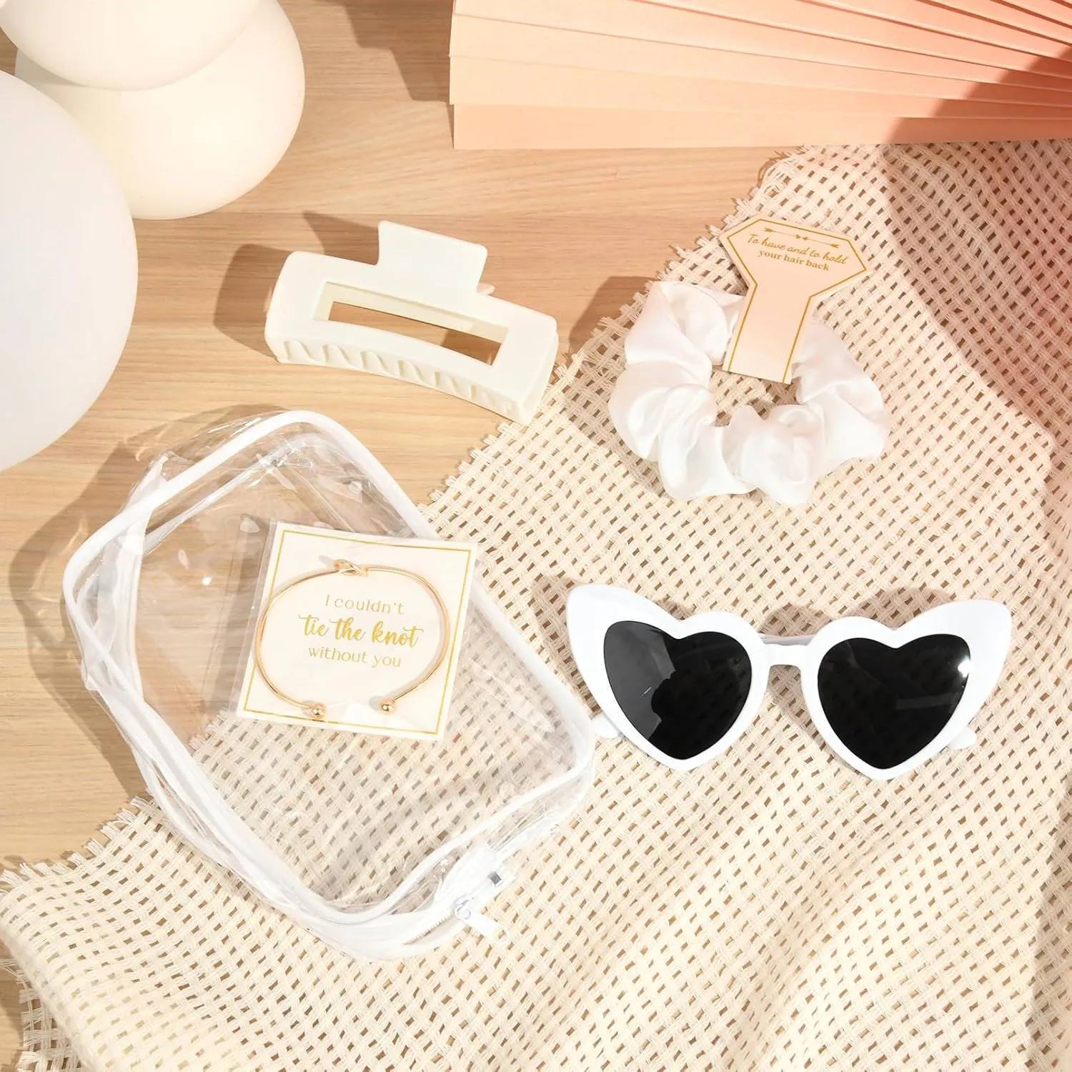 DEEKA 5 Pcs Bridesmaid Proposal Bag Set Gift Clear Makeup Toiletry Bag Bachelorette Party Favors Sunglasses Hair Claw Clips Scrunchies Knot Bracelets Bridal Wedding Party Gifts (White)