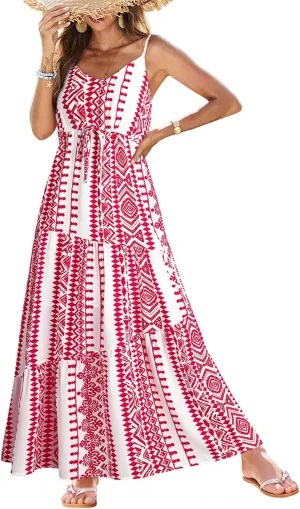 Dokotoo Summer Dress Casual Womens Boho Dress Sleeveless Printed Long Tiered Maxi Dress Beach Dress 2025
