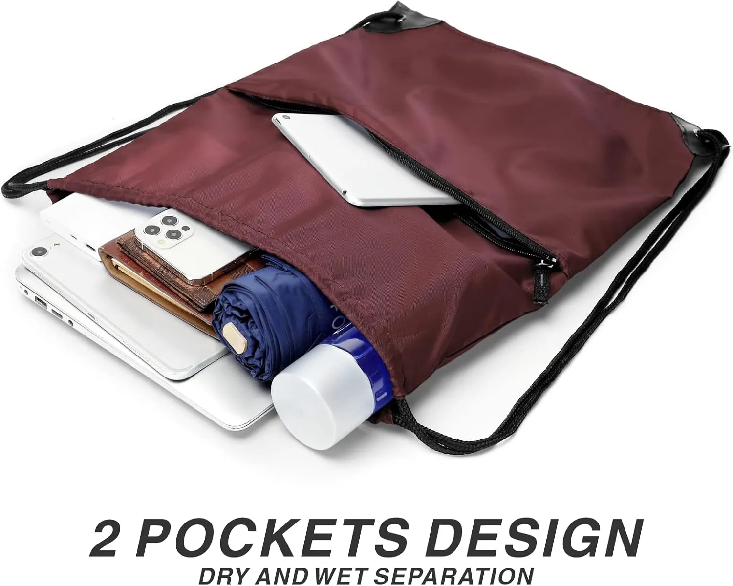 Drawstring Backpack, 210D Nylon Foldable Sports Gym Drawstring Tote Bag pack Sack W Zipper Side Pocket For Men Women Burgundy