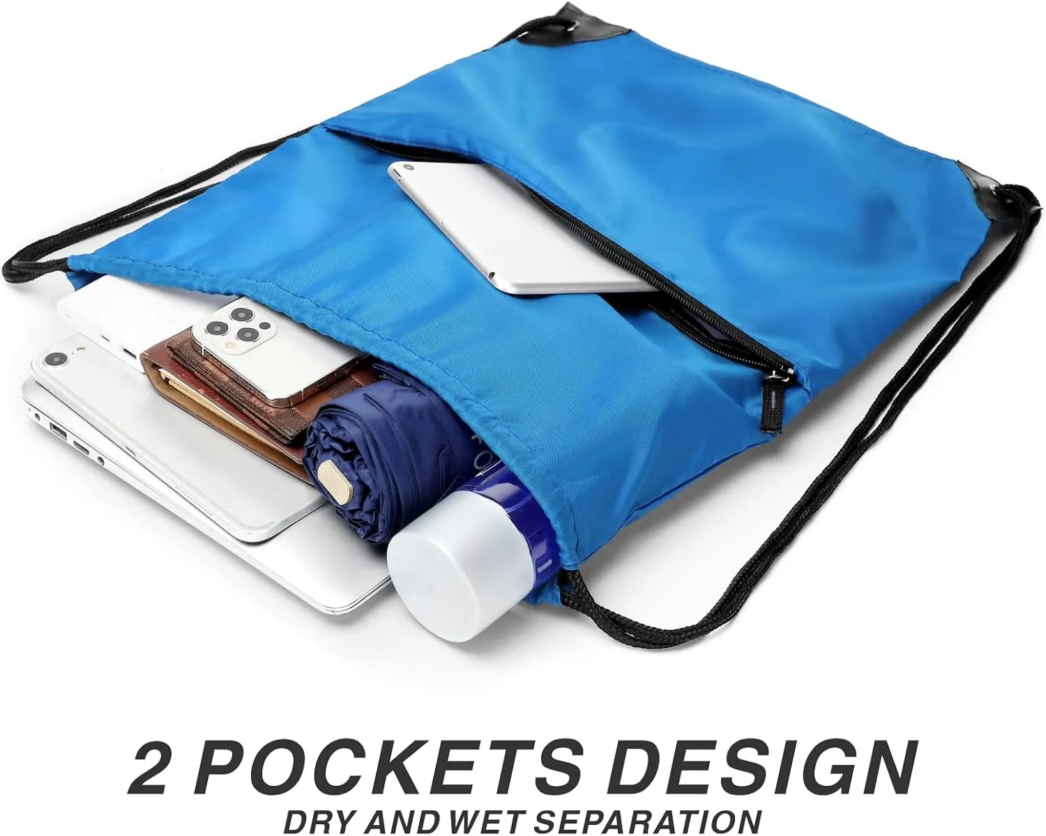 Drawstring Backpack, 210D Nylon Foldable Sports Gym Drawstring Tote Bag pack Sack W Zipper Side Pocket For Men Women Neon Blue