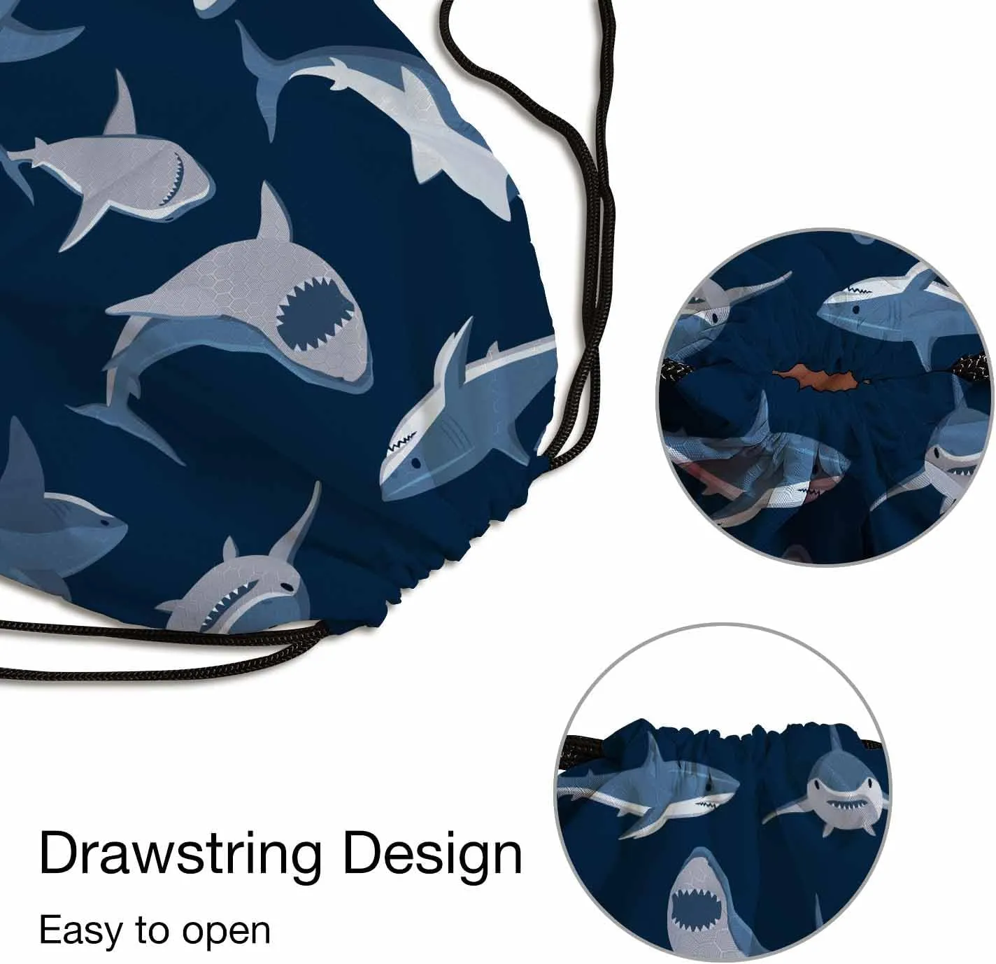 Drawstring Backpack Bag Sports Gym Sack Blue Shark Wildlife Sea Animal Swimming Blue White Shoe Bag for Women Men 14x16.9 Inch