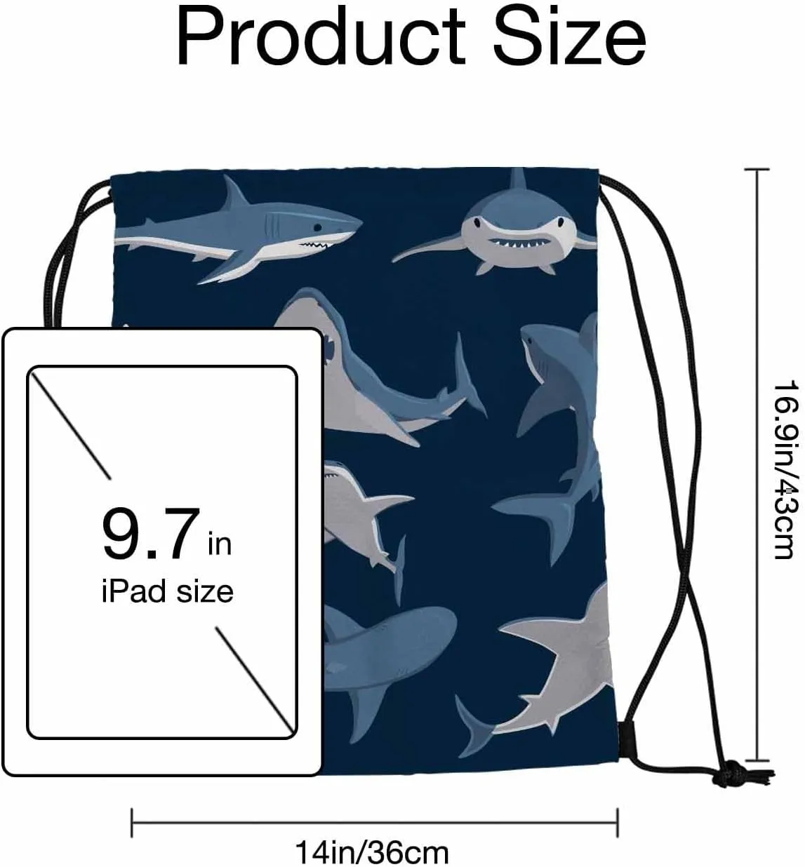 Drawstring Backpack Bag Sports Gym Sack Blue Shark Wildlife Sea Animal Swimming Blue White Shoe Bag for Women Men 14x16.9 Inch