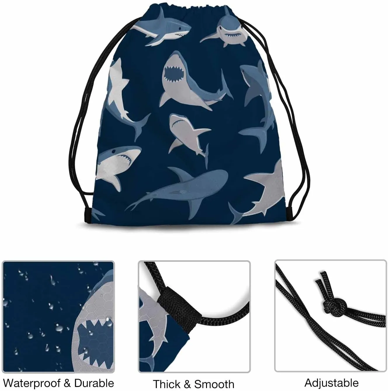 Drawstring Backpack Bag Sports Gym Sack Blue Shark Wildlife Sea Animal Swimming Blue White Shoe Bag for Women Men 14x16.9 Inch