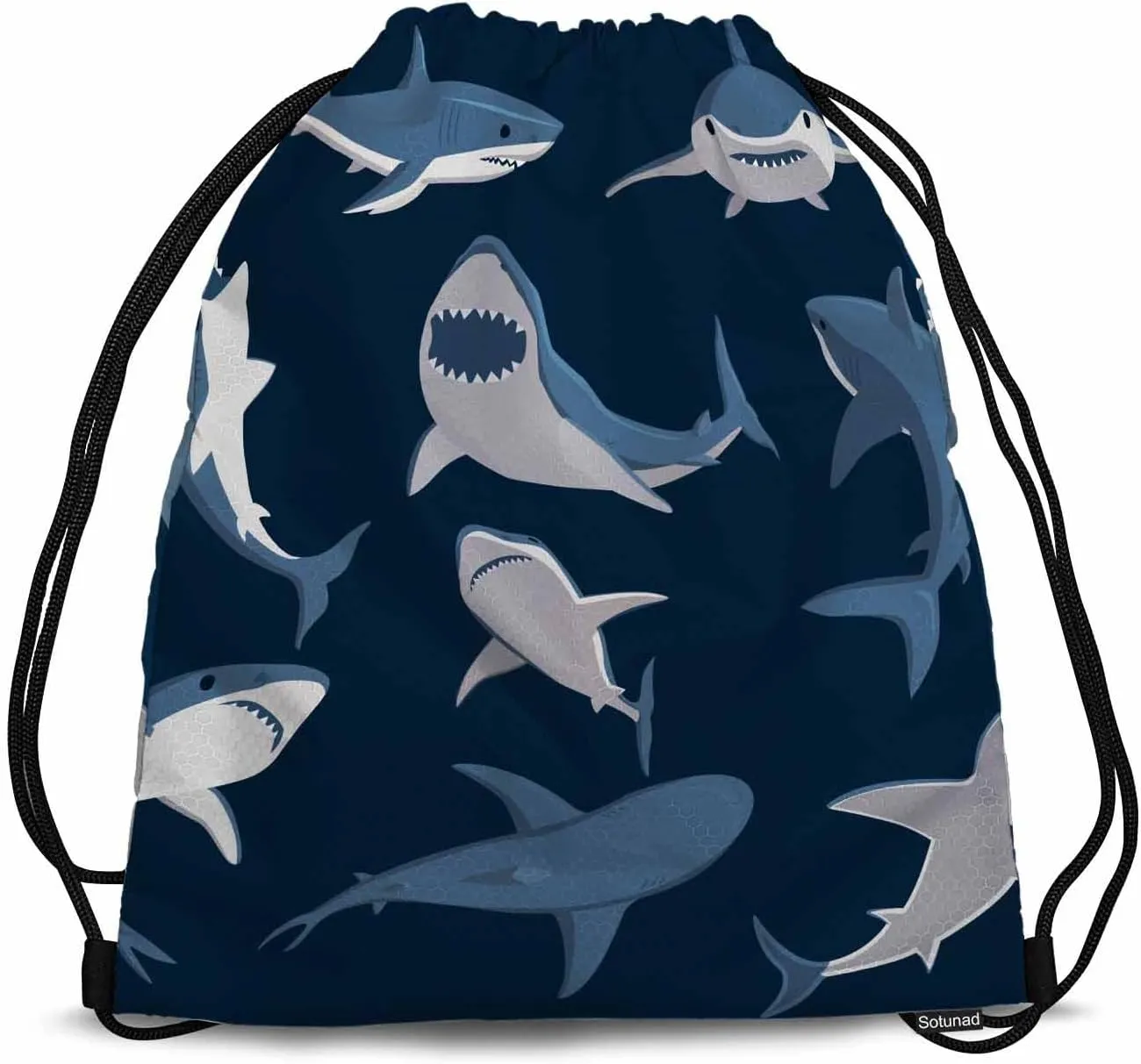 Drawstring Backpack Bag Sports Gym Sack Blue Shark Wildlife Sea Animal Swimming Blue White Shoe Bag for Women Men 14x16.9 Inch