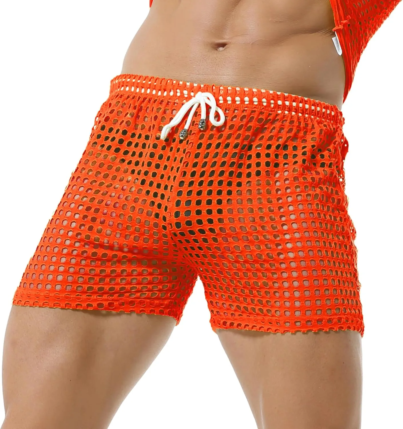 DTODWW Mens Fishnet Underwear Boxer Shorts Mesh Trunks See Through Shorts with Drawstring Nightwear Shorts