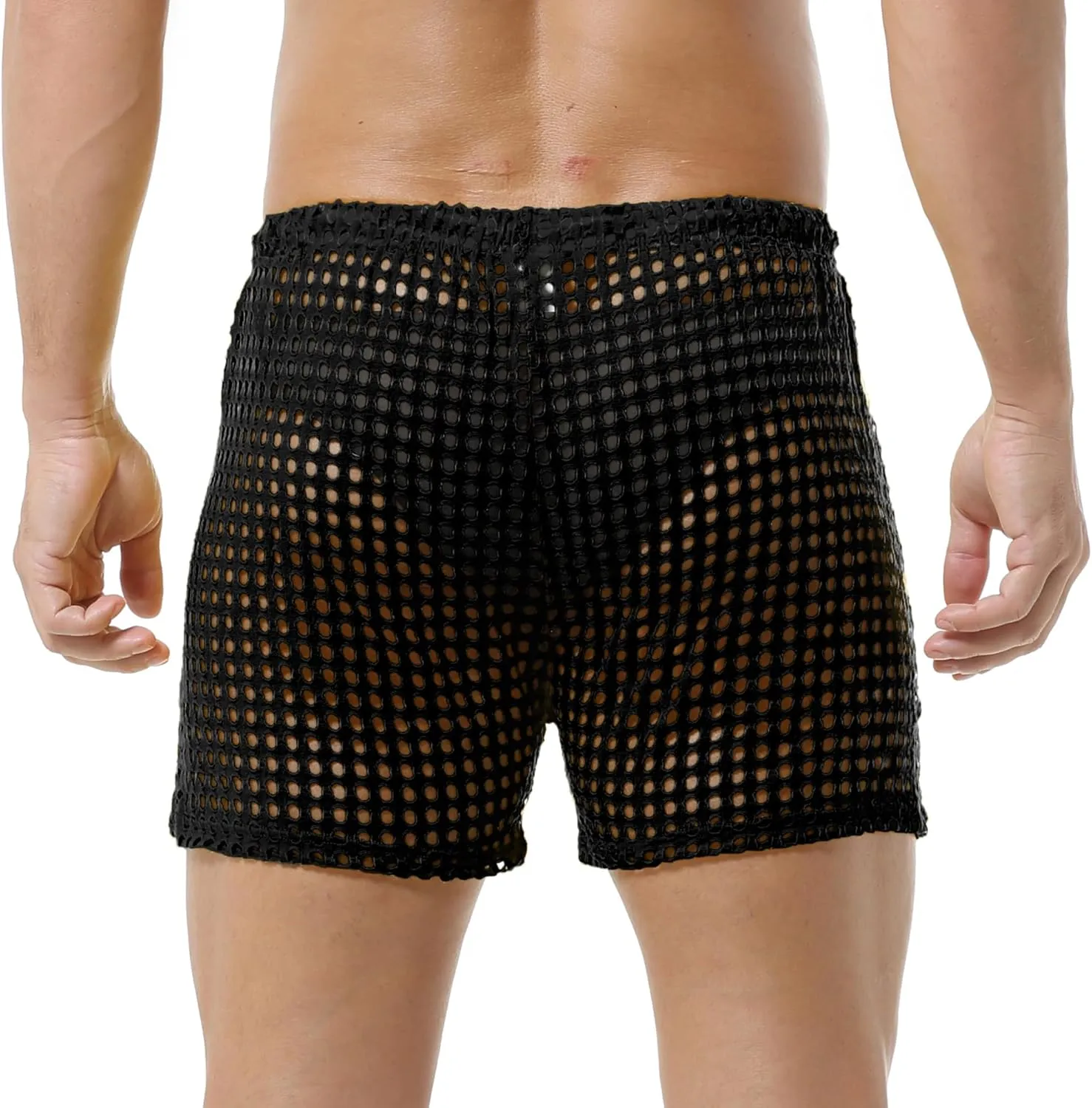 DTODWW Mens Fishnet Underwear Boxer Shorts Mesh Trunks See Through Shorts with Drawstring Nightwear Shorts