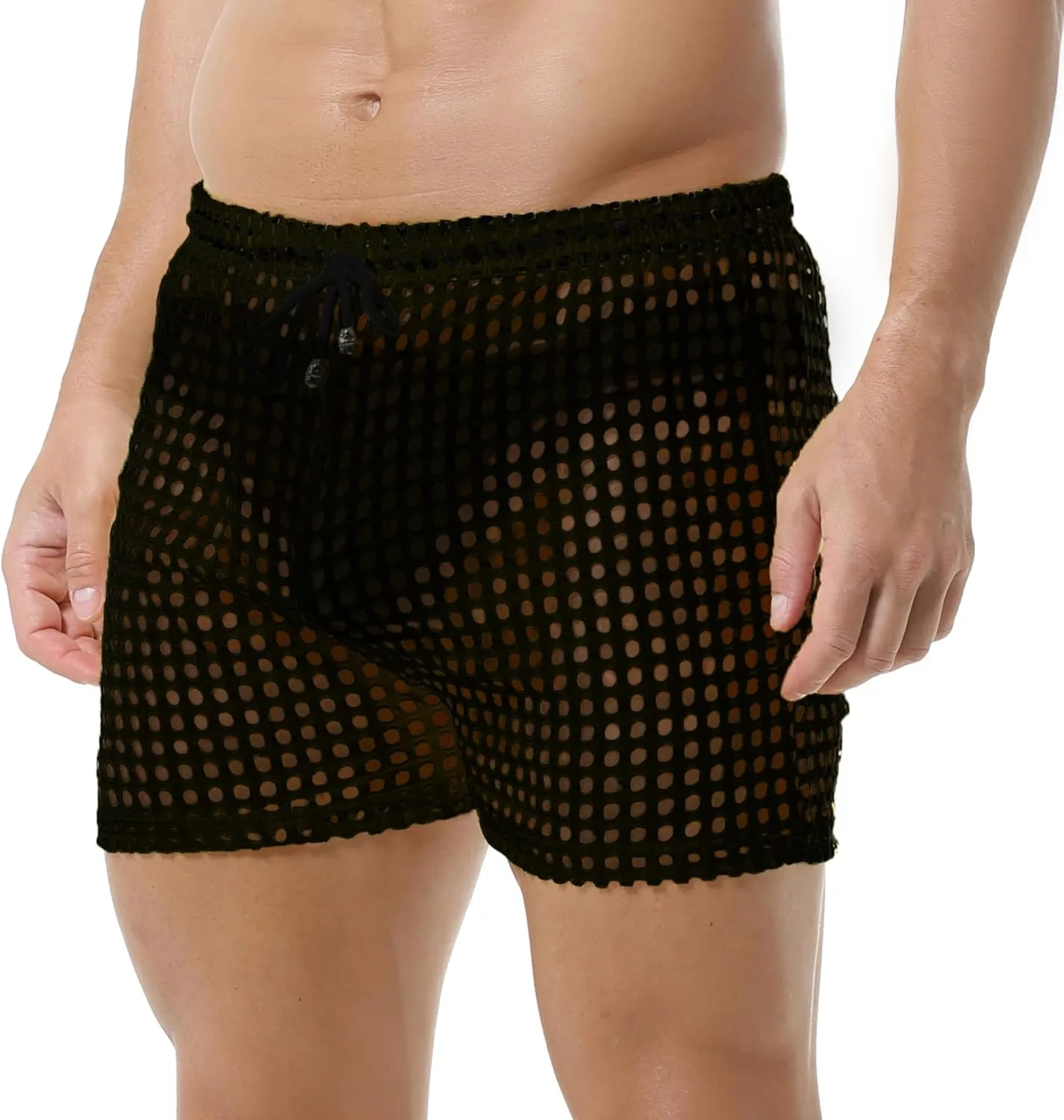 DTODWW Mens Fishnet Underwear Boxer Shorts Mesh Trunks See Through Shorts with Drawstring Nightwear Shorts
