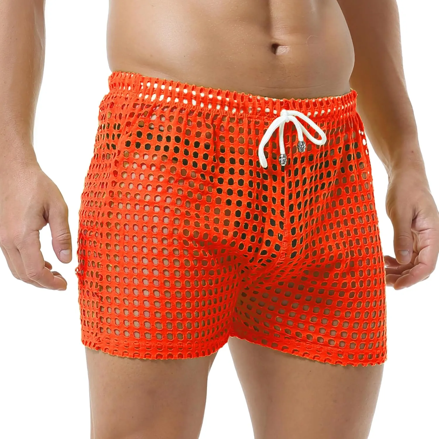 DTODWW Mens Fishnet Underwear Boxer Shorts Mesh Trunks See Through Shorts with Drawstring Nightwear Shorts