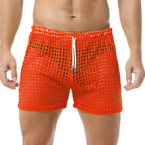 DTODWW Mens Fishnet Underwear Boxer Shorts Mesh Trunks See Through Shorts with Drawstring Nightwear Shorts