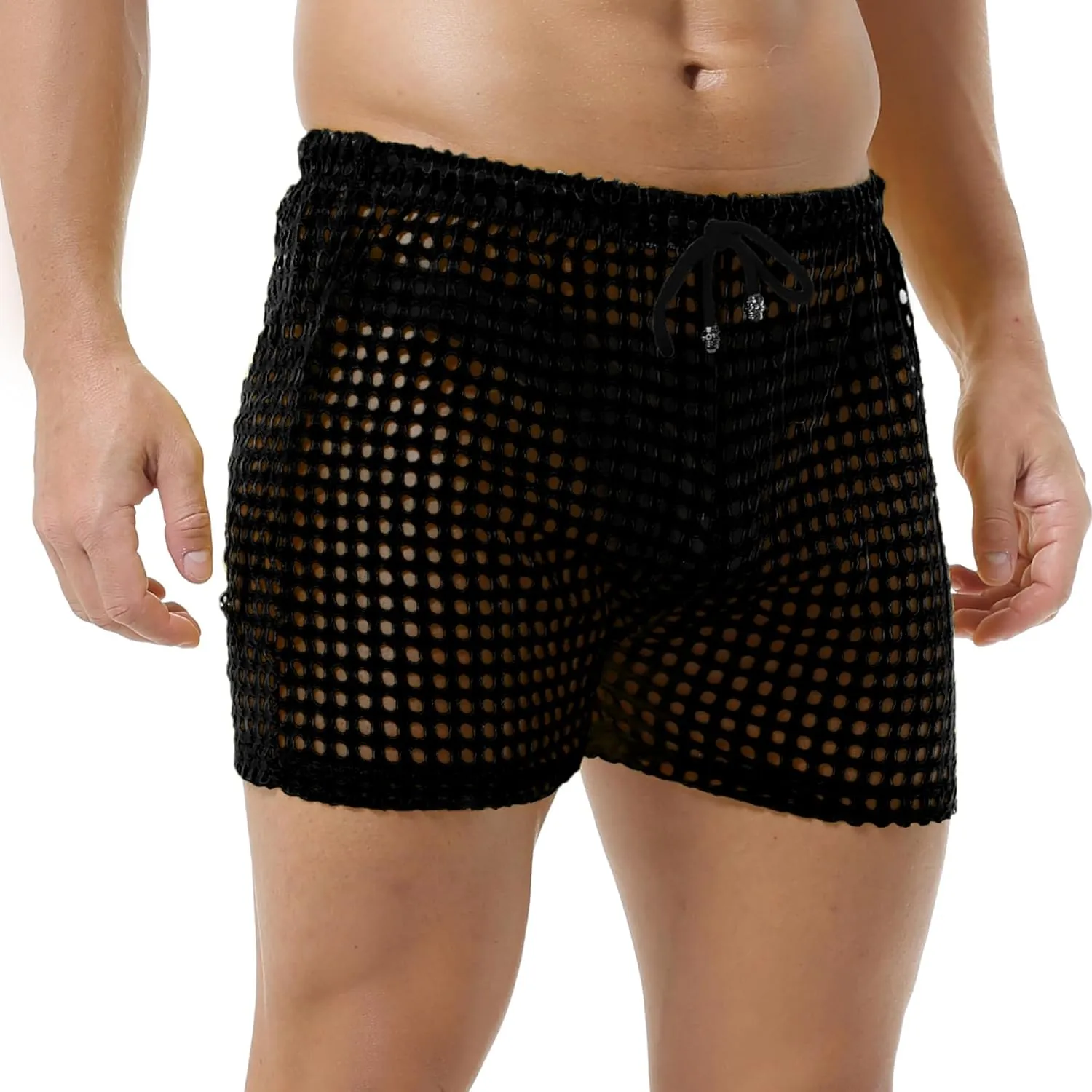 DTODWW Mens Fishnet Underwear Boxer Shorts Mesh Trunks See Through Shorts with Drawstring Nightwear Shorts