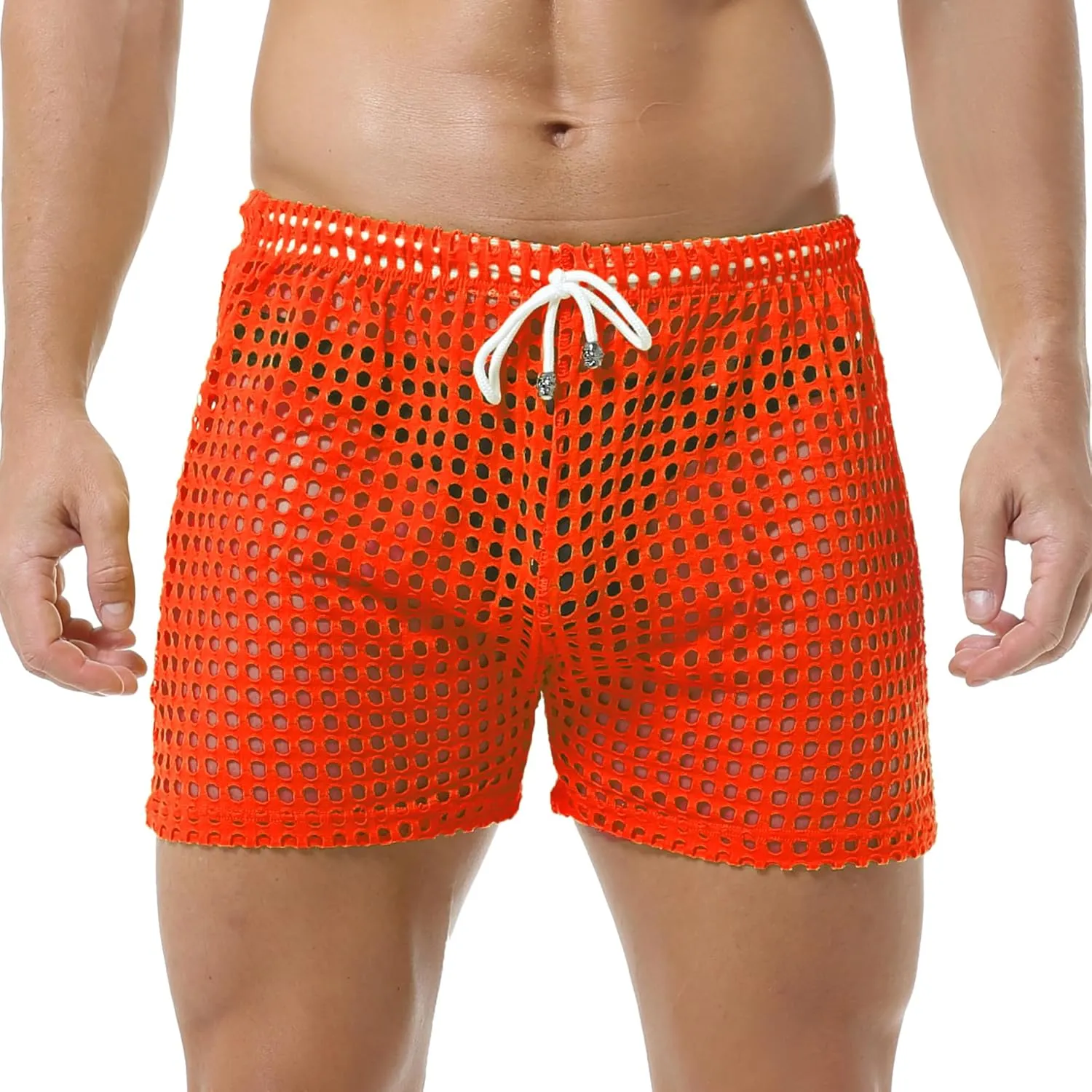 DTODWW Mens Fishnet Underwear Boxer Shorts Mesh Trunks See Through Shorts with Drawstring Nightwear Shorts
