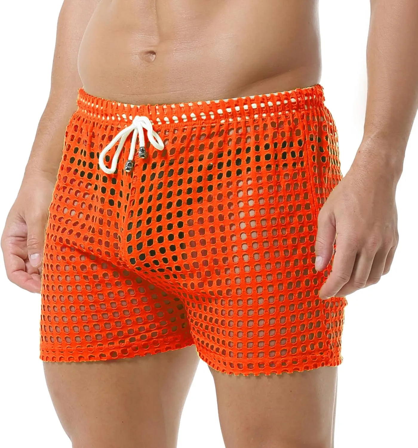 DTODWW Mens Fishnet Underwear Boxer Shorts Mesh Trunks See Through Shorts with Drawstring Nightwear Shorts