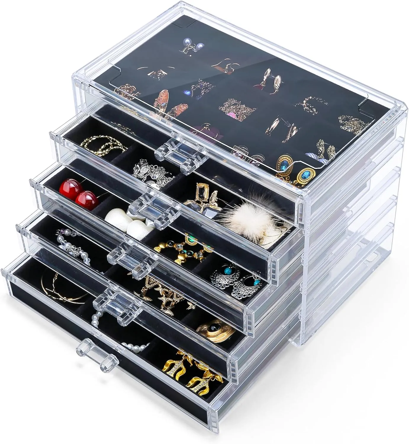 Earring Holder Organizer Box with 5 Drawers, Clear Acrylic Jewelry Organizer for Women Girls, Jewelry Storage with Stackable Jewelry Trays for Earring Ring Bracelet Necklace, Black