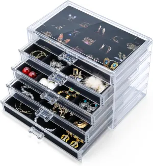 Earring Holder Organizer Box with 5 Drawers, Clear Acrylic Jewelry Organizer for Women Girls, Jewelry Storage with Stackable Jewelry Trays for Earring Ring Bracelet Necklace, Black