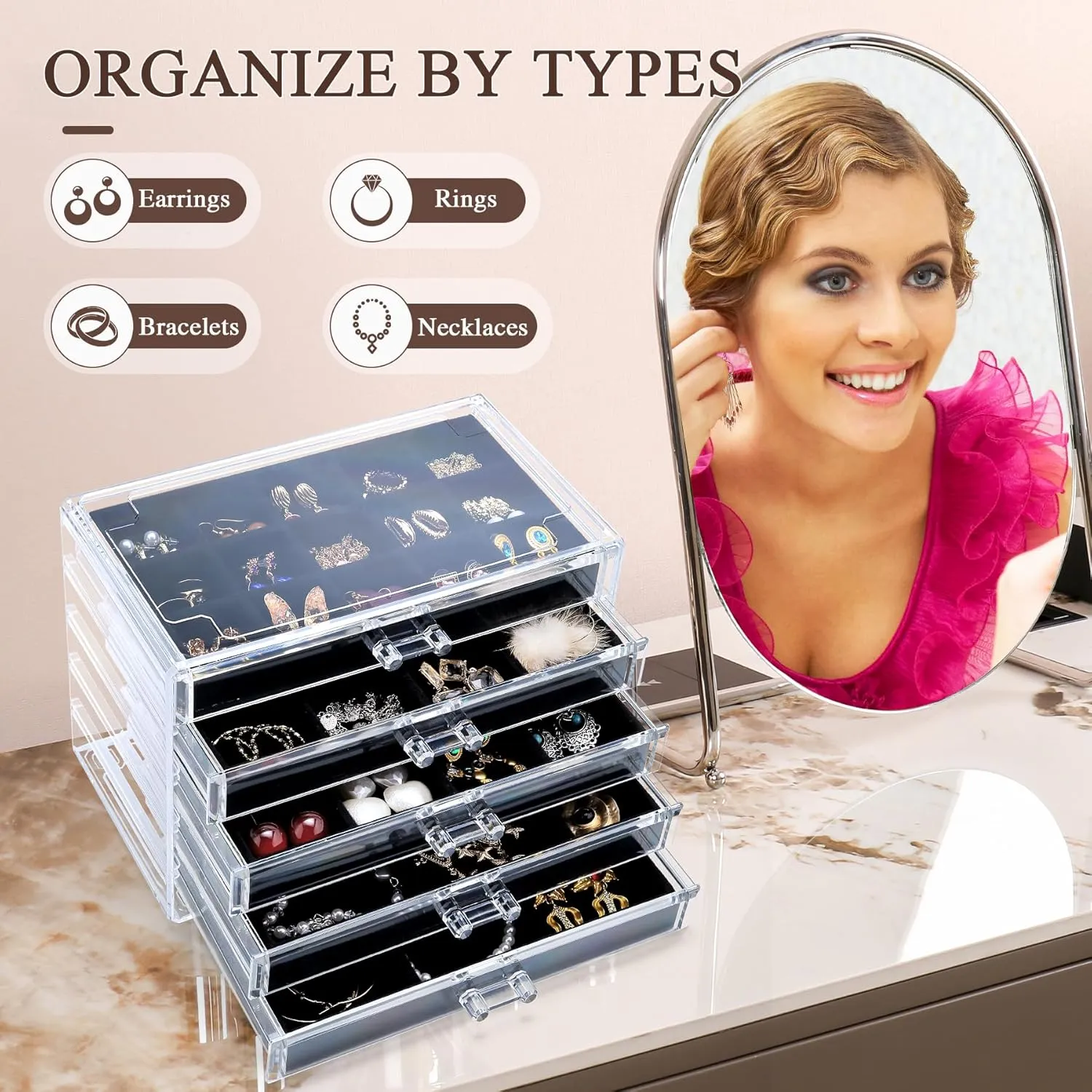 Earring Holder Organizer Box with 5 Drawers, Clear Acrylic Jewelry Organizer for Women Girls, Jewelry Storage with Stackable Jewelry Trays for Earring Ring Bracelet Necklace, Black
