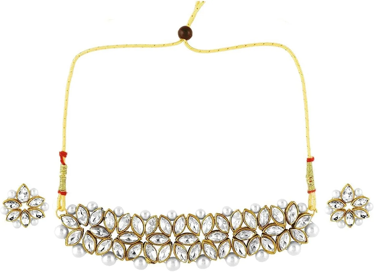 Efulgenz Faux Pearl Choker Indian Jewelry Sets for Women Crystal Kundan Pearl Necklace Set Beaded Faux Pearl Necklace Earrings Bollywood Fashion Jewelry Wedding Bridal Jewelry Set