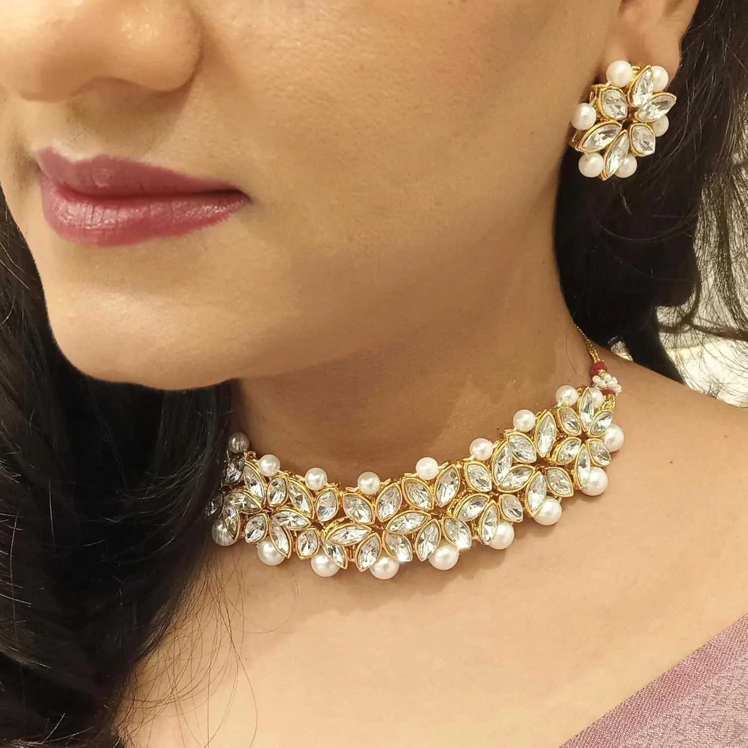 Efulgenz Faux Pearl Choker Indian Jewelry Sets for Women Crystal Kundan Pearl Necklace Set Beaded Faux Pearl Necklace Earrings Bollywood Fashion Jewelry Wedding Bridal Jewelry Set