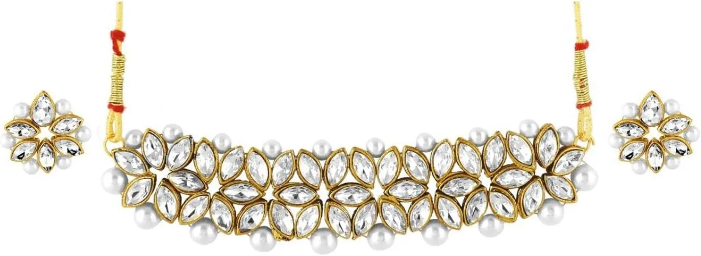 Efulgenz Faux Pearl Choker Indian Jewelry Sets for Women Crystal Kundan Pearl Necklace Set Beaded Faux Pearl Necklace Earrings Bollywood Fashion Jewelry Wedding Bridal Jewelry Set
