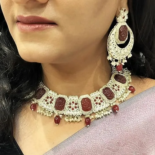 Efulgenz Indian Jewelry Sets for Women Choker Necklace Chandbali Earrings with Maang Tikka Indian Bridal Jewelry Set for Wedding Crystal Stone Faux Pearl Necklace Jewelry