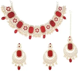 Efulgenz Indian Jewelry Sets for Women Choker Necklace Chandbali Earrings with Maang Tikka Indian Bridal Jewelry Set for Wedding Crystal Stone Faux Pearl Necklace Jewelry