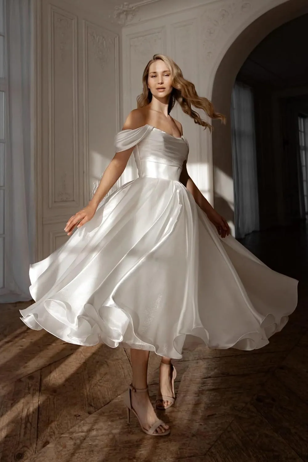 Eightale Tea Length Wedding Dress for Bride Midi Long Ruched Backless Boho Beach Bridal Shower Gowns for Women
