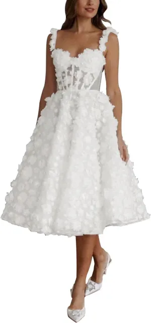 Eightale Tea Length Wedding Dress for Bride Midi Long Ruched Backless Boho Beach Bridal Shower Gowns for Women