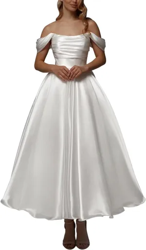 Eightale Tea Length Wedding Dress for Bride Midi Long Ruched Backless Boho Beach Bridal Shower Gowns for Women
