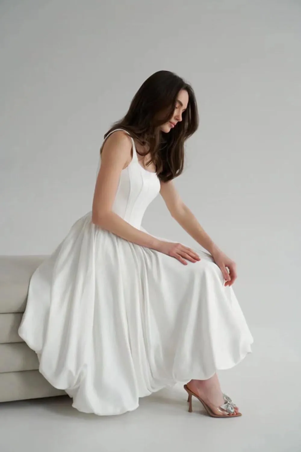 Eightale Tea Length Wedding Dress for Bride Midi Long Ruched Backless Boho Beach Bridal Shower Gowns for Women